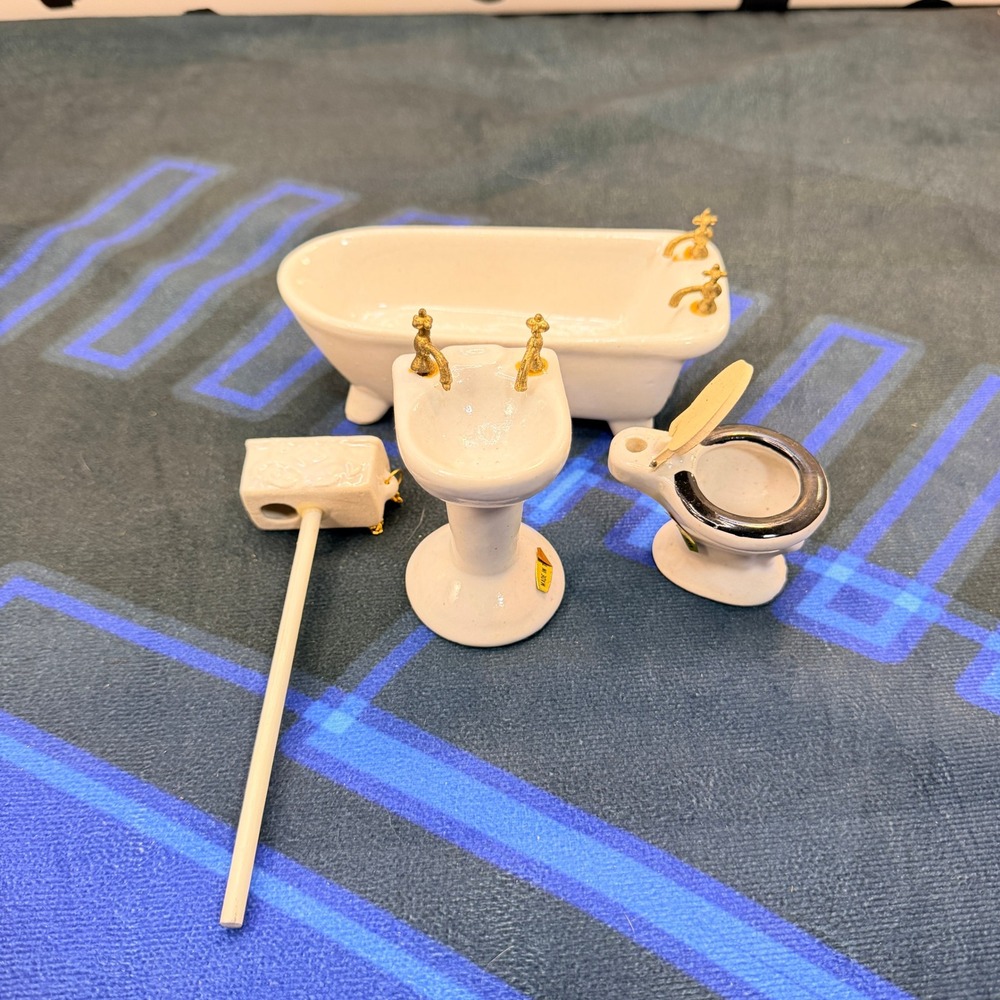 Vtg Shackman 1:12 Porcelain Bathroom Set Clawfoot Tub Pull Chain Toilet Box 4190